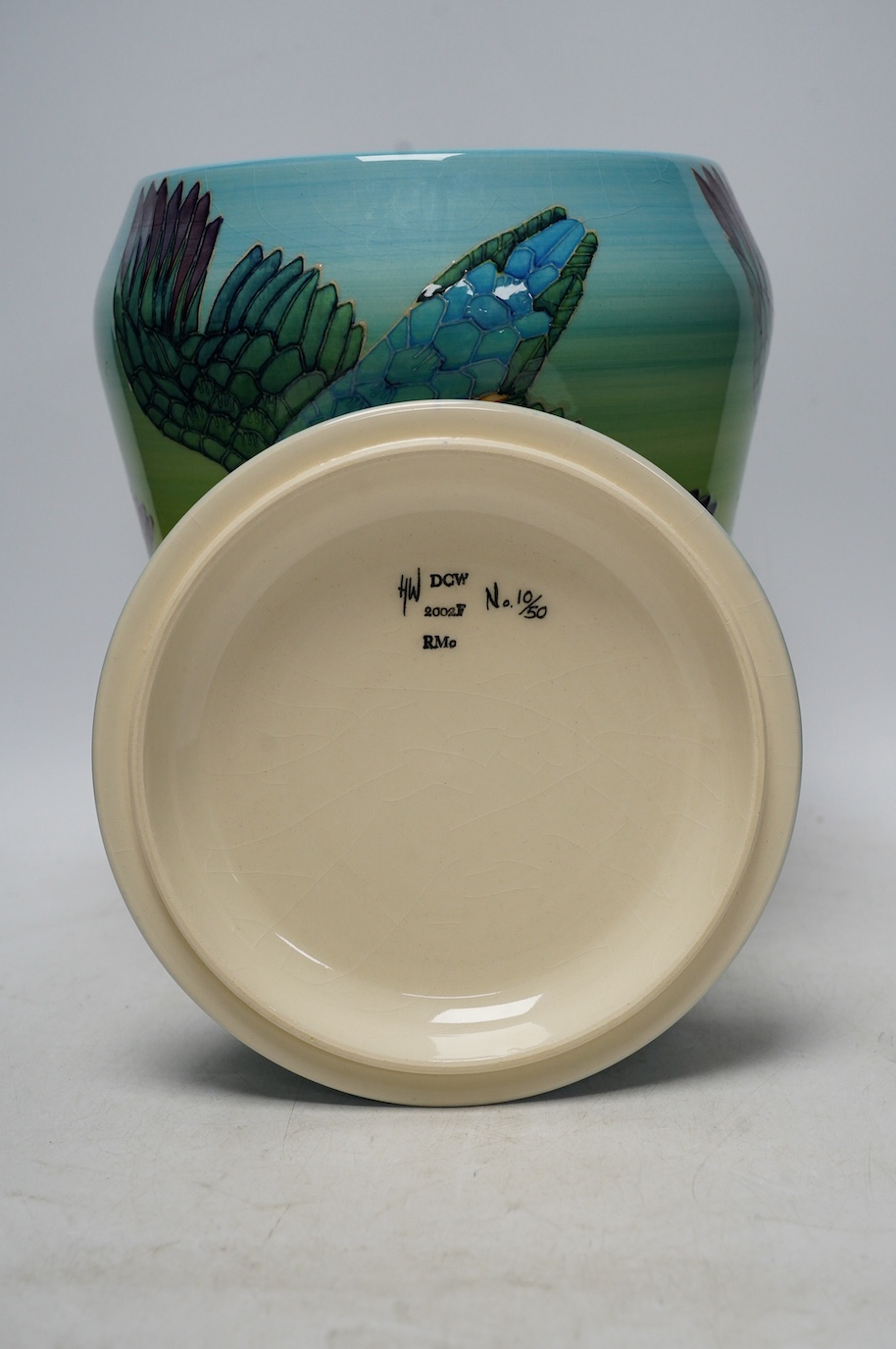 Sally Tuffin (British, b.1938) for the Dennis China Works, a limited edition 'Kingfisher' vase and cover, painted by Heidi Warr, No. 10/50, dated 2002, 29cm. Condition - good, crazing visible